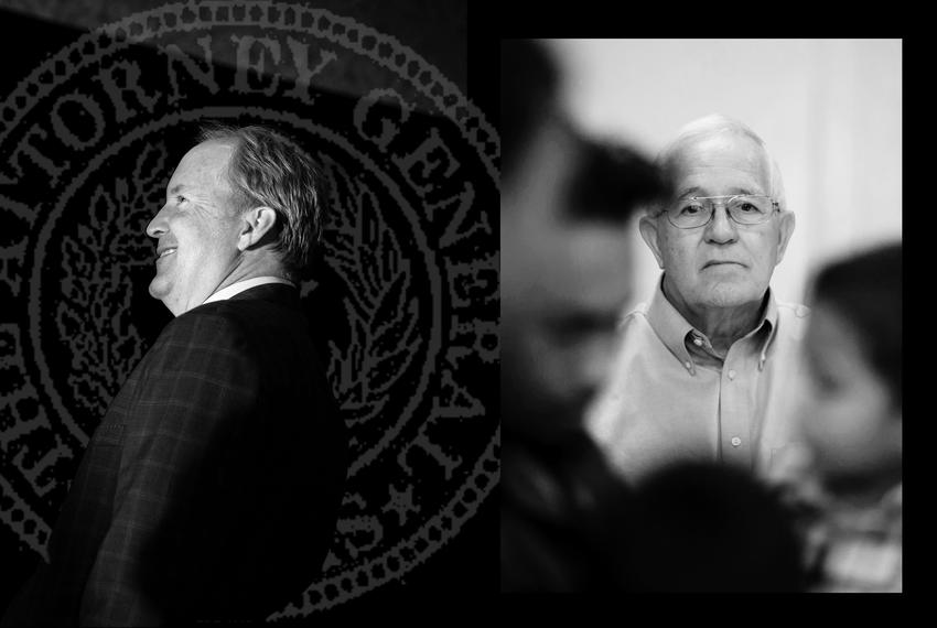 Texas Attorney General Ken Paxton, left, has been using consumer protection laws to target organizations like Annunciation House, run by Ruben Garcia, right, whose work conflicts with Paxton’s political views. El Paso-based Annunciation House serves immigrants and refugees seeking shelter.