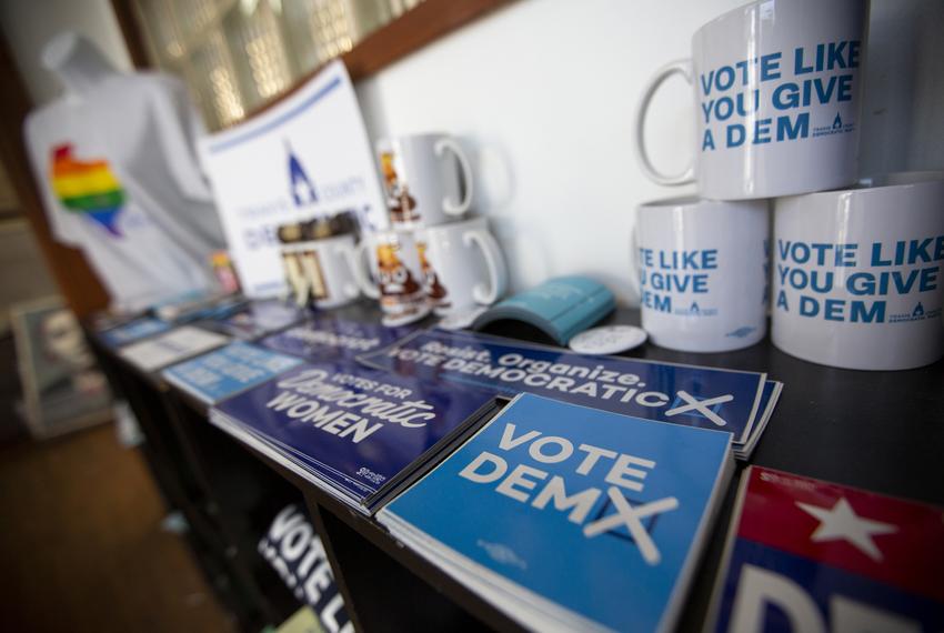 Democratic mugs, stickers and buttons on display at the Travis County Democratic Party office in Austin.