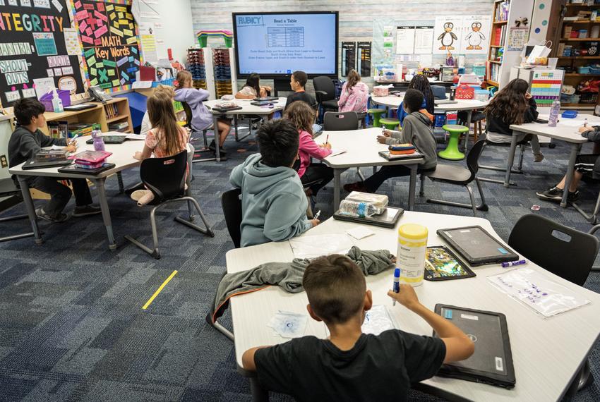 Mrs. Eden's fourth grade class practice reading tables during a lesson on April 24, 2024 at Jack Frost Elementary School in Georgetown.